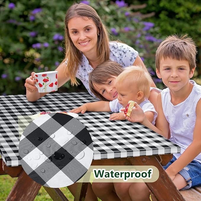 Picnic Table Cover with Bench Covers and Bag, Camping Table Camping Essentials Cover with Elastic Edges(Black)