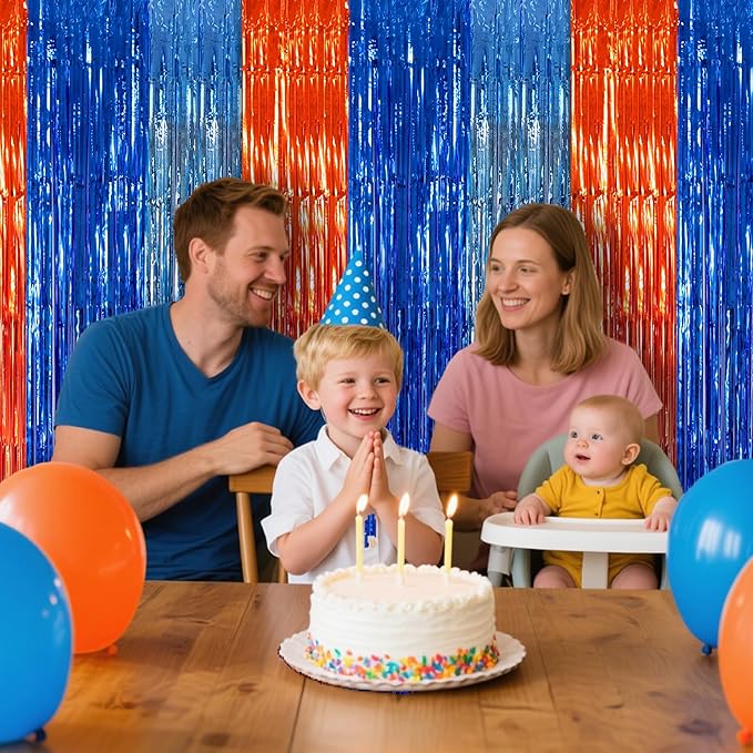BEISHIDA 3Pcs Orange Blue Door Streamer Backdrop Foil Fringe Tinsel Curtains Backdrops for Bluey Birthday Decorations Blue Dog Party Supplies (3.28 ft x 6.56 ft)