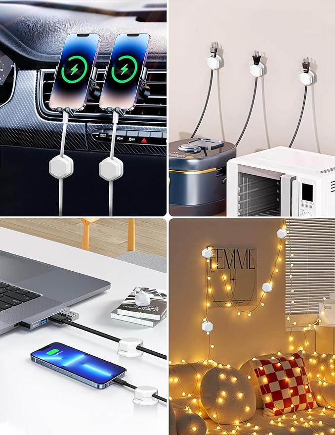 6 Pack Magnetic Cord Organizer - Cord Holder - Cable Clips - Cord Organizer for Desk, Adjustable Cord Holder Management, for Desk, Nightstand, Phone Charger, Computer, Home, Office, Car