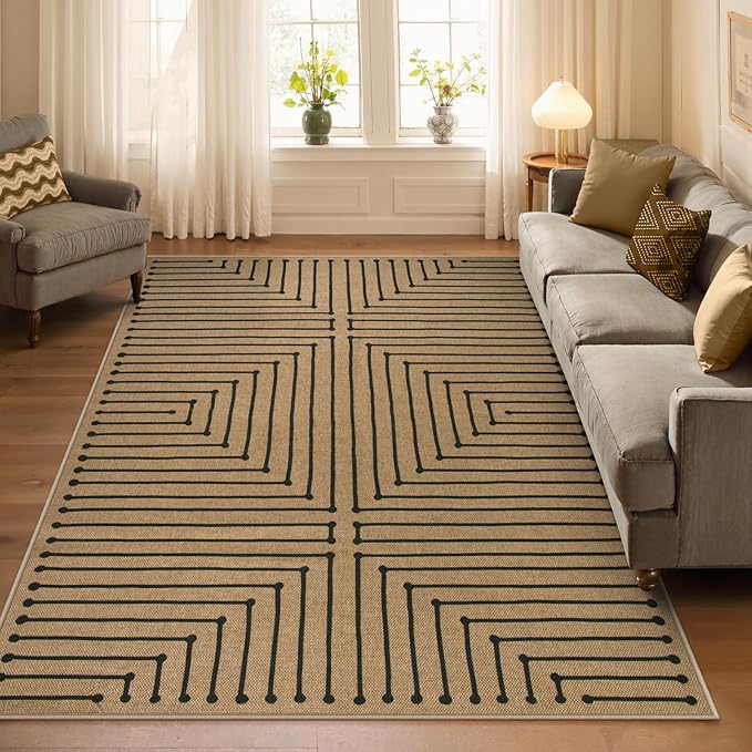 Lahome Neutral Geometric 5x7 Washable Rugs for Living Room Office, Black and Nature Outdoor Patio Rug Farmhouse Rhombus Non Slip Non Shedding Carpet for Classroom Balcony Dining Room