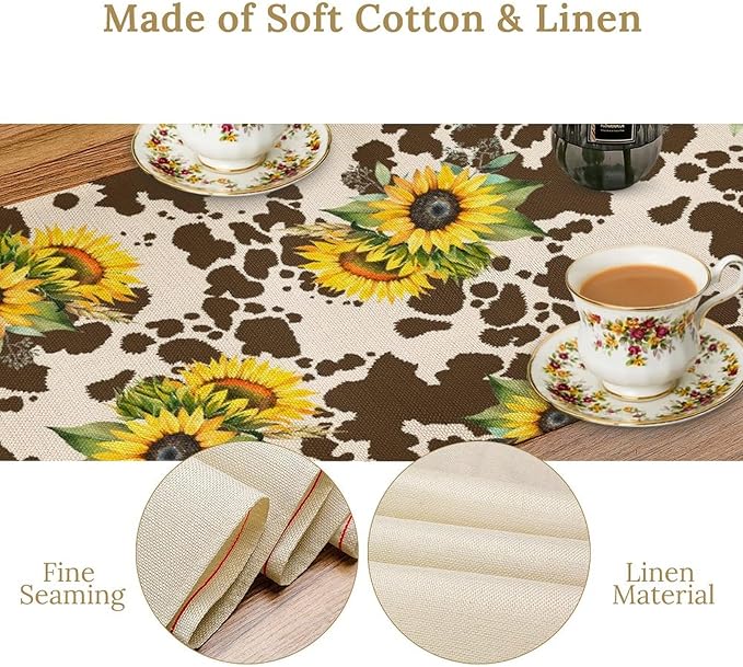 Cow Print Table Runner, Brown Sunflower Cow Print Animal Fur Skin Rustic Cowhide Pattern Table Runner for Kitchen Farmhouse Dining Home Outdoor 13x90in