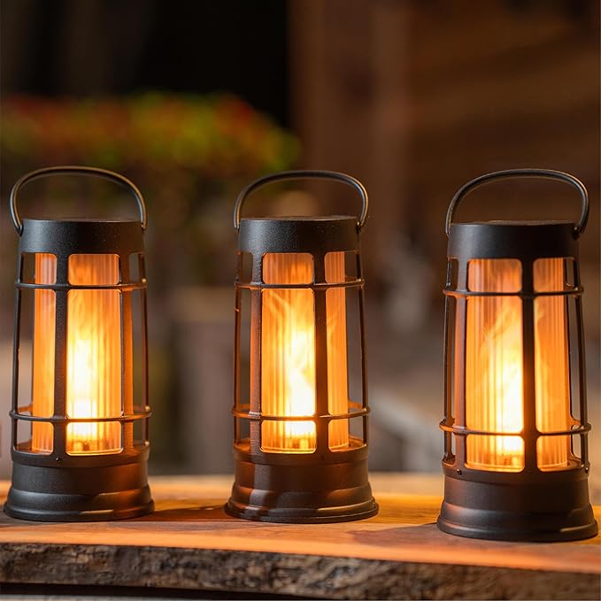 FoxFlame Upgraded Metal Outdoor Solar Lantern, Flickering Solar Lanterns Outdoor Waterproof with Patented LED, Outdoor Lanterns for Porch, Patio, Garden, Tabletop, Hanging Use, Matte Black (2 Pack)