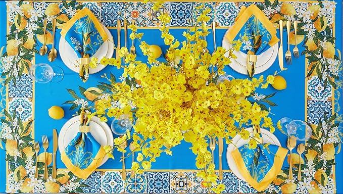 YiHomer Provence Blue Lemon Mediterranean Tile Tabletop for Spring Summer Decorations, Picnics and Dinner Parties - Indoor Outdoor, Stain and Water Resistant, Tablecloth, 60 x 120 Rectangle