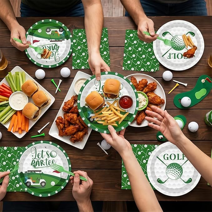 96 Pcs Golf Party Decorations Tableware Set Let's Partee Time Disposable Dessert Plates Napkins Forks for Table Supplies Favors for Birthday Party Serve 24 Guests