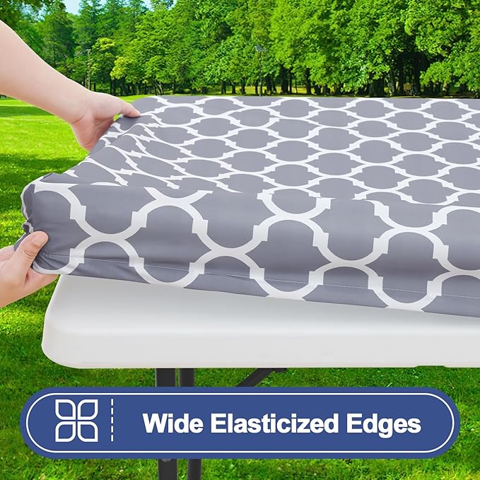 Smiry Picnic Table Cover with Bench Covers, Waterproof Elastic Fitted Tablecloth for 8 Foot Tables, Washable Polyester Tablecloths for Camping, Indoor & Outdoor (Grey, 30x96 Inch 3-pc Set)