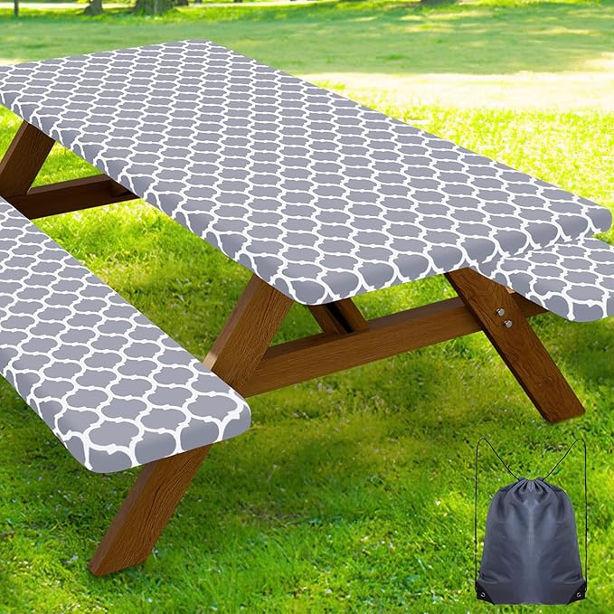 Smiry Picnic Table Cover with Bench Covers, Waterproof Elastic Fitted Tablecloth for 8 Foot Tables, Washable Polyester Tablecloths for Camping, Indoor & Outdoor (Grey, 30x96 Inch 3-pc Set)
