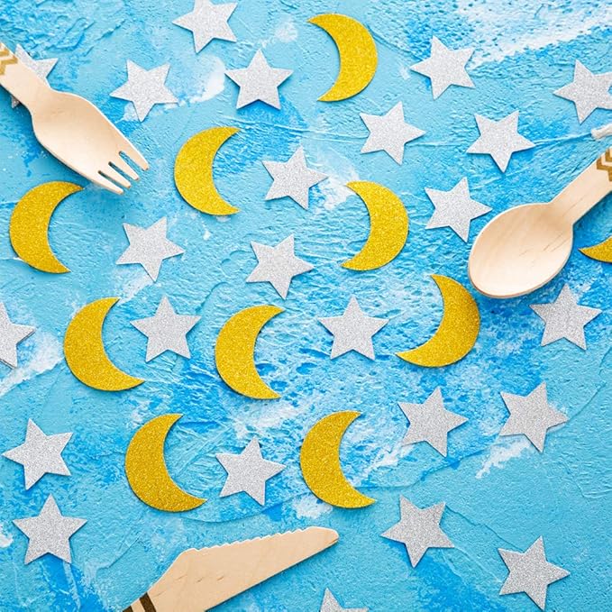 Glitter Confetti Star and Moon for Table Wedding Birthday Eid Party Decoration, 1.2 inch in Diameter(gold,silver,200pc)