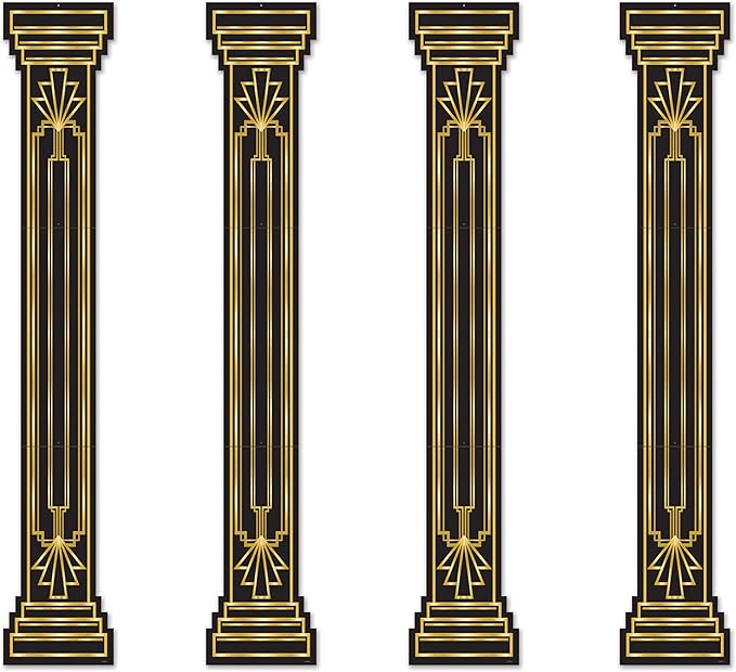 Beistle 4 Piece Roaring 20's Column Pull Down Cut Outs 1920's Theme Awards Night Party Decorations, Black/Gold