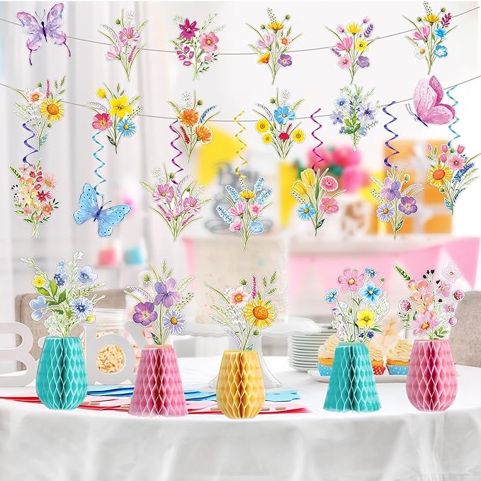 14PCS Spring Wildflower Party Decorations Wild Flower Garland Floral Banners Hanging Swirls Flower Honeycomb Centerpieces for Easter Baby Shower Wedding Garden Birthday Butterfly Party Decor Supplies