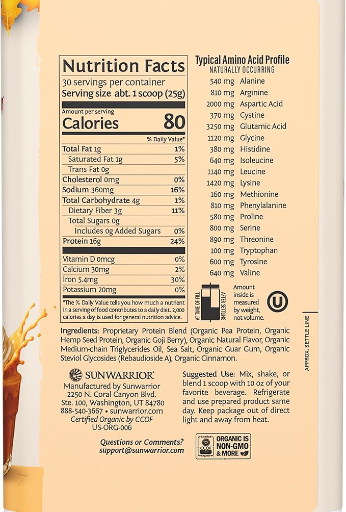 Sunwarrior Vegan Protein Powder Plant-Based USDA Organic Protein Bcaa Amino Acids Hemp Seed Keto Friendly Soy Dairy Gluten & Synthetic Free Non-GMO