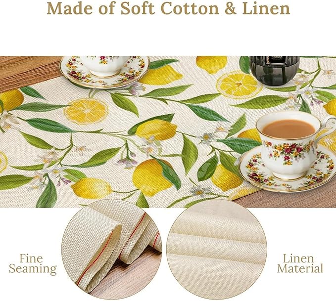 Lemon Table Runner, Summer Fruits Green Leaves Flower Plant Table Runner for Farmhouse Coffee Home Kitchen Dining Party Outdoor 13x70in