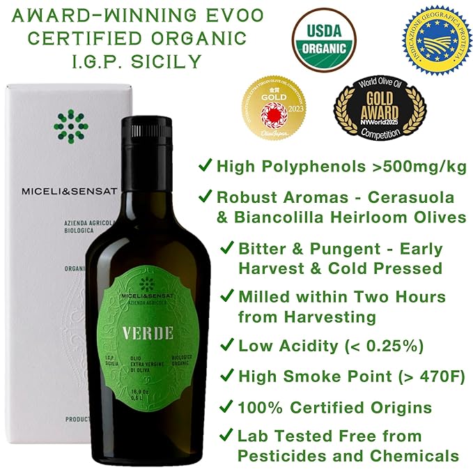 Green Robust Organic 500+ mg/kg Polyphenols Rich Italian Extra Virgin Olive Oil from Italy, 2025 Gold Award, High Antioxidants Peppery Finish