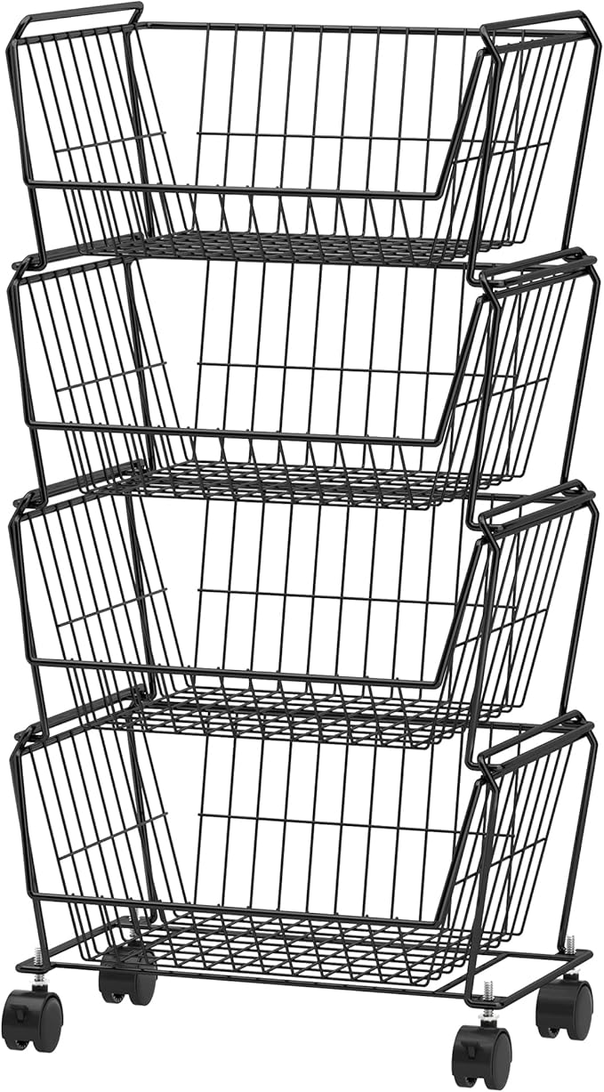 PUSDON 4-Tier Large Stackable Wire Storage Baskets with Wheels, Metal Rolling Utility Cart Organizer, Produce Basket for Kitchen Pantry, Floor Shelf, Matte Black