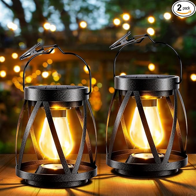 GARPAR Solar Lights Outdoor Waterproof, Upgraded Metal Outdoor Lantern, Brighter Auto On/Off 18H Hanging Solar Lights for Outside Garden Yard Patio Decor, Mother's Day Gift for Mom Grandma 2 Pack