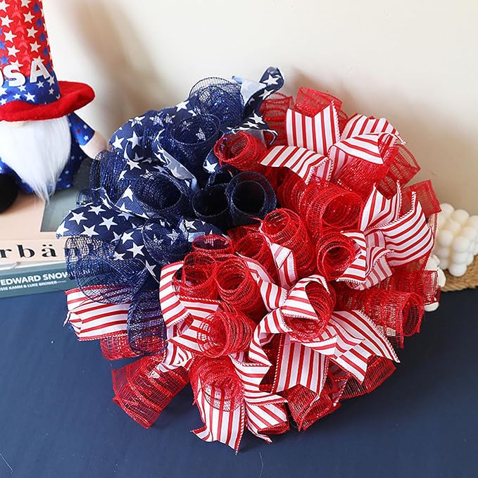3 Rolls Red White and Blue Deco Mesh Ribbon for Wreath Making Supplies, 10 Inch x 30FT Metallic Foil Burlap Deco Mesh Fabric for 4th of July Patriotic Door Wreath Swags and Decorating