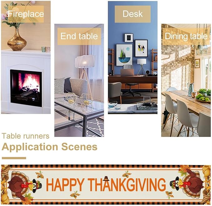Happy Thanksgiving Table Runner, Autumn Pumpkin Maple Leaves Turkey Print Fall Harvest Holiday Kitchen Dining Table Decor for Indoor Outdoor Party, 13x108inch