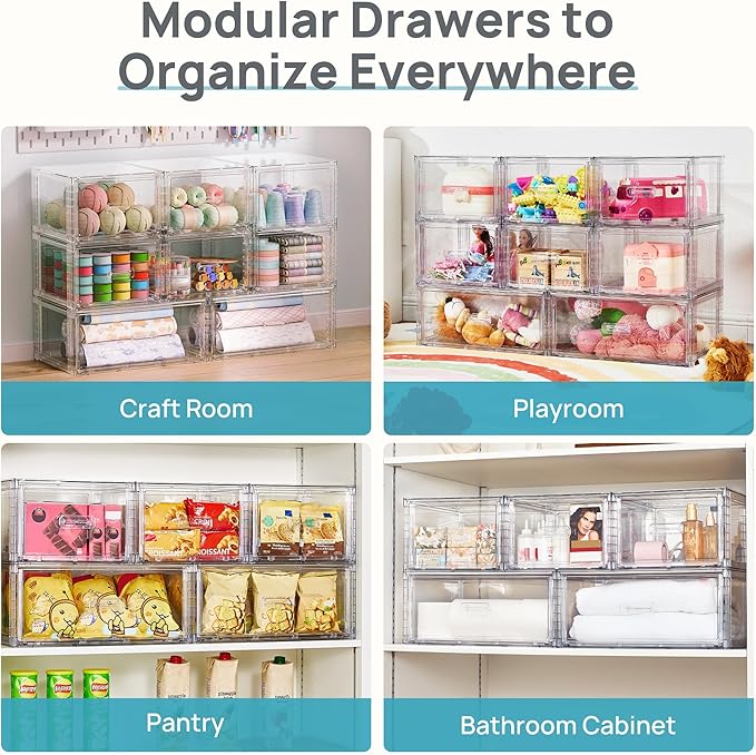 Vtopmart 5 Pack Large & Medium Stackable Drawer Organizer Set, 108QT Easy Assembly Clear Plastic Storage Cabinet, Durable Dresser for Closet, Bedroom, Entryway, Playroom & Apartment Organization