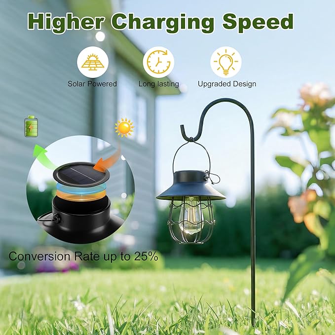 Livinlarge Hanging Solar Lanterns Waterproof,2 Pack Outdoor Metal Solar Lights with Wall Hooks Windproof Hook,Retro Solar Lantern Auto On/Off for Yard Garden Pathway Patio Porch Decor (Black)
