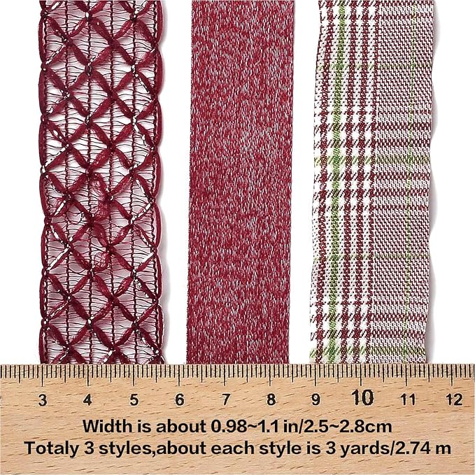 BEEFLYING 3 Styles Dark Red Wire Edged Ribbons for Gift Wrapping Decoration 25~28mm×2.7m Organza Ribbon Satrin Ribbon for Wedding Party Decoration Hair Bows Flower Designs Sewing and Craft, 9 Yards