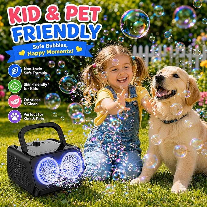 Bubble Machine with Dual Fans, 20,000+ Bubbles Per Minute, USB-C or AA Battery Powered,Leak-Proof Sealed Bottle,Portable Bubble Maker for Birthday Party Pool Wedding Outdoor