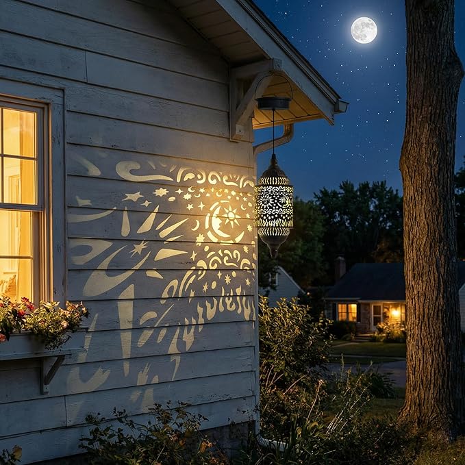 Hapjoy Moroccan Hanging Solar Lights Outdoor Garden Decor Sun and Moon Decorations Solar Lantern Waterproof for Patio Pathway Yard Backyard Garden Decorative (Cylinder, 1)