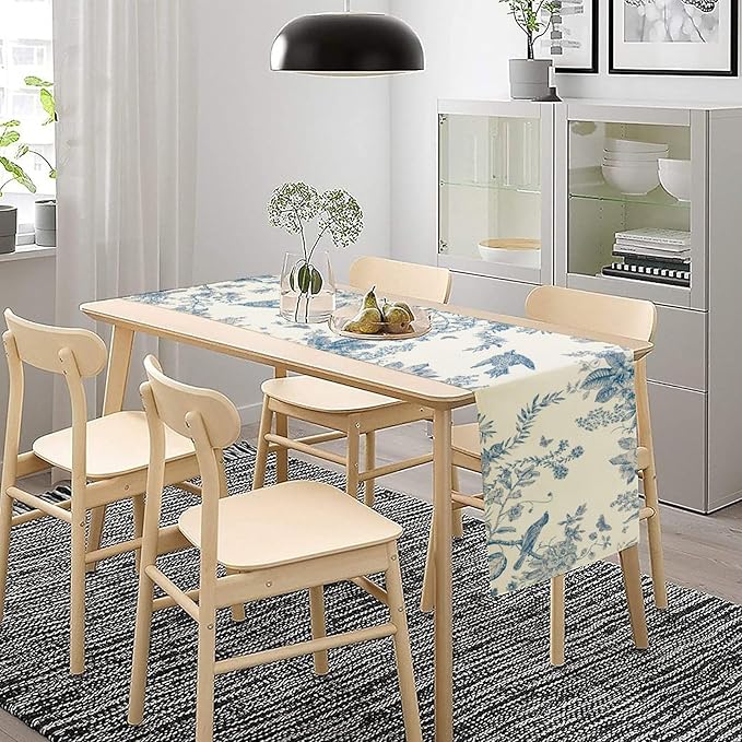 Spring Flower Table Runner, Farmhouse Vintage Blue White Floral Bird Print Table Runner for Kitchen Dining Table Party Wedding Decor, 13x120inch