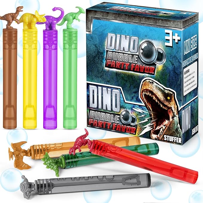 Dinosaur Bubbles Wands Bulk for Kids, Dino Birthday Decoration, 32 Pack Mini Bubble Party Favors, Pinata Stuffer, Goody Bag Filler, Classroom Prizes Treasure Box, Outdoor Toys for Toddler