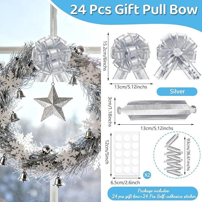 24pcs Silver Pull Bow for Gift Basket Wrapping Xmas Gift Bows Presents Adhesive Wrap Ribbon Bow for Christmas Tree Bottles Bouquet Flower Valentine's Day Party Decor (Silver-G)