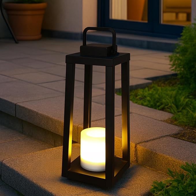 H16 Modern Outdoor Solar Lantern Black Metal Frame with Flickering LED Candle Waterproof and Portable for Patio Deck or Pathway Decorative Sconce with Warm LED