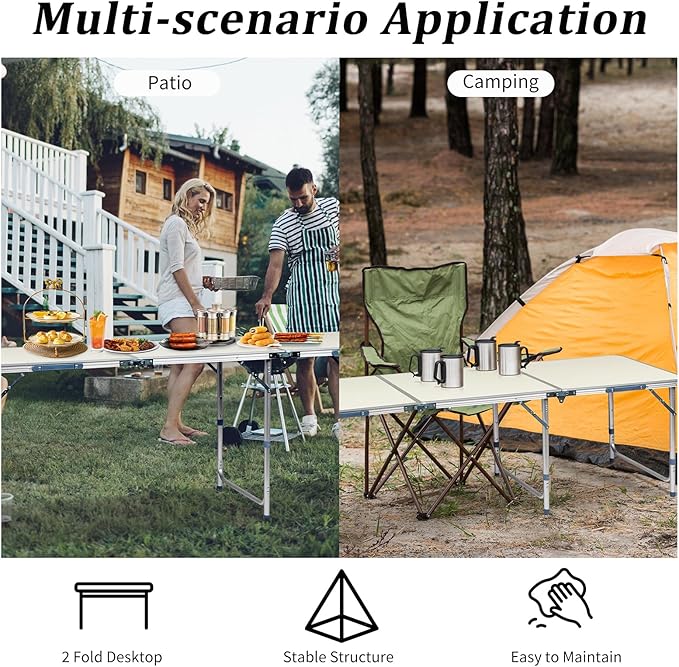 LeTinn 6FT Large Folding Camping Table, 3 Adjustable Heights Portable Aluminum Picnic Table – Heavy Duty Outdoor BBQ Table for 6-8 Person, White
