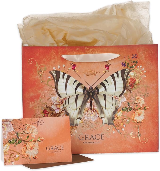 Christian Art Gifts Large Landscape Scripture Gift Bag for Women w/Greeting Card & Tissue Paper Set: Grace - Eph. 2:8 Inspirational Bible Verse, Butterfly Multicolor Floral w/Shiny Gold, Deep Orange