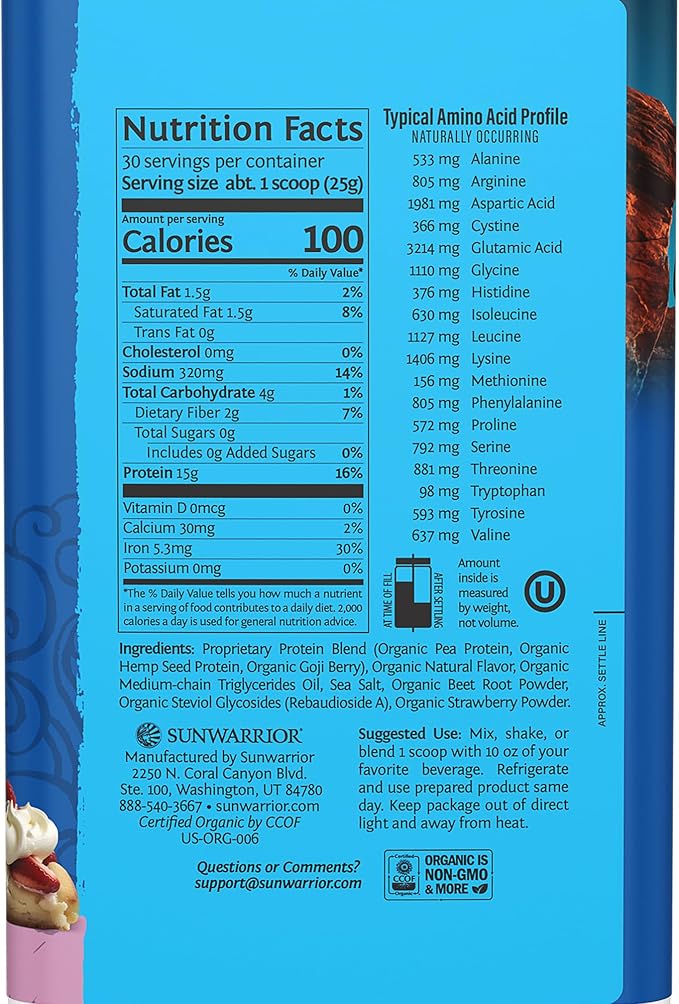 Sunwarrior Vegan Organic Protein Powder Plant-Based, Bcaa Amino Acids Hemp Seed Soy Free Dairy Free Gluten Free Synthetic Free Non-GMO