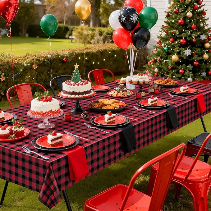 1 Pack Red Striped Gingham Tablecloths, 54 x 108 Inch Disposable Plastic Rectangle Table Covers, Waterproof Red and Black Checkered Table Cloths for Picnic, Birthday, Party, Outdoor Events