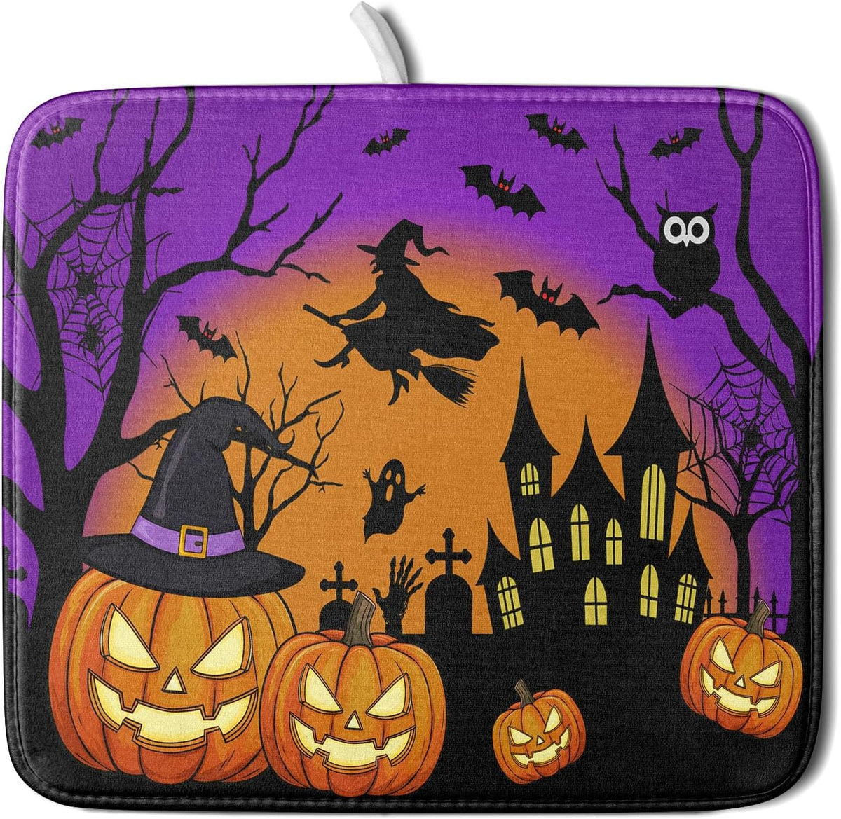 Happy Halloween Pumpkin Dish Drying Mat for Kitchen Counter,Witch Ghost Castle Bat Purple Drying Mat 16 x 18 Inch with High Absorbent Microfiber
