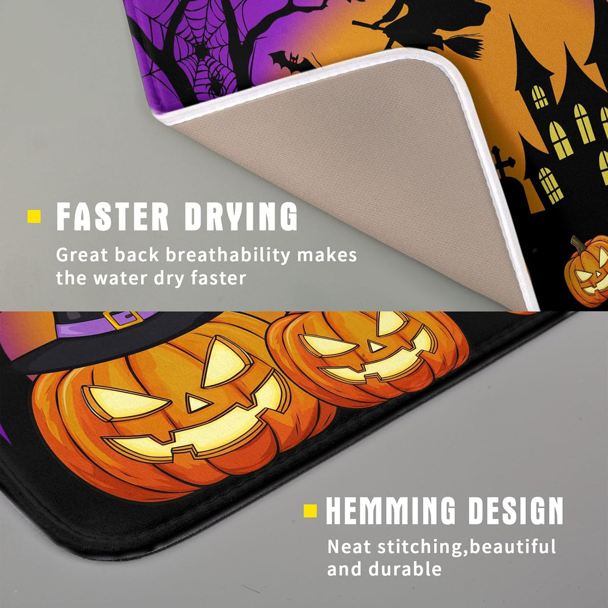 Happy Halloween Pumpkin Dish Drying Mat for Kitchen Counter,Witch Ghost Castle Bat Purple Drying Mat 16 x 18 Inch with High Absorbent Microfiber