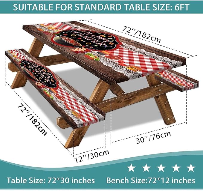 Happy Camper Picnic Table Cover with Bench Covers Elastic Edges, Wooden Red Plaid Fitted Table Cover, Outdoor Patio Camping Essentials 96 Inch 3PCS, Waterproof Fitted Tablecloth with Drawstring Bag