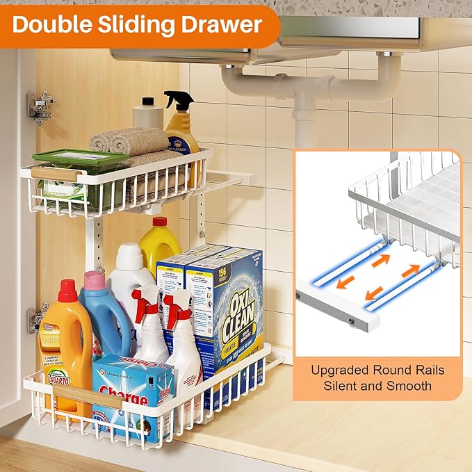REALINN Under Sink Organizer, Height Adjustable Under Sink Organizers and Storage, 2 Tier Pull Out Drawer Cabinet Storage for Kitchen Bathroom, 2 Pack, White