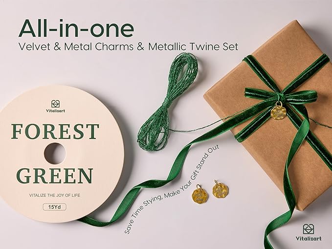 Vitalizart Green Velvet Ribbon 3/8" Continuous Fabric Trim Thin Dark Forest Green Ribbon 15Yd for Gift Wrapping, Tree Ornaments, Vintage Christmas Paper, Crafts, Bows, Holiday Decor with Gift Twine