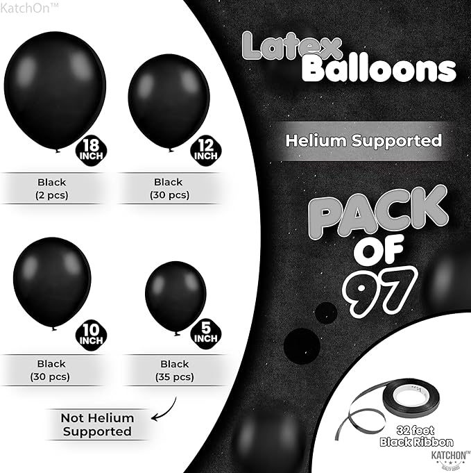 KatchOn, Black Balloons Arch Kit - Pack of 97 | Black Balloon Different Sizes for Birthday Decoration | Halloween Balloons for Halloween Decorations | Anniversary, New Year Decorations