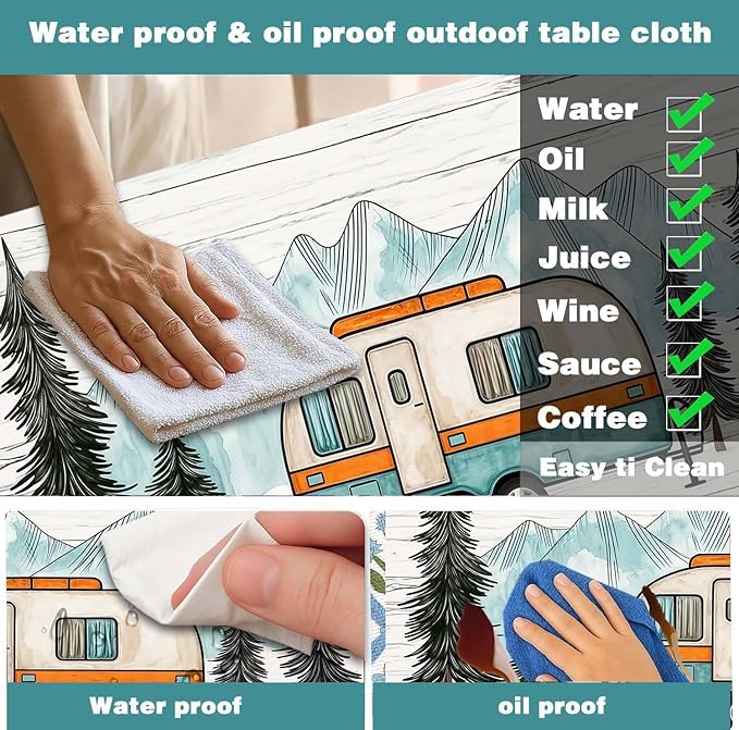 Happy Campers Picnic Table Cover with Bench Covers, RV Camping Tablecloth Fitted Picnic Table Covers, Pine Forest Country Wooden for Rectangle Tables Family Garden Outdoor Party Decorations, 30X72in