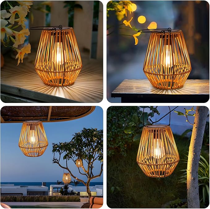 Solar Lantern,2 Pack Solar Wicker Lanterns Outdoor Waterproof Boho Lights for Outside Hanging Rattan Lights Outdoor Patio Lanterns Decoration for Garden,Yard,Porch,Trees,Lawn,Pathway