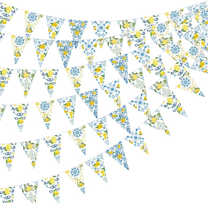 6 Pack Blue Tiles Lemon Party Banner Capri Lemon Pennant Banner Pre-Strung Summer Lemonade Triangle Flag Bunting Garland for Wedding Birthday Bridal Shower Bachelorette Party Decorations