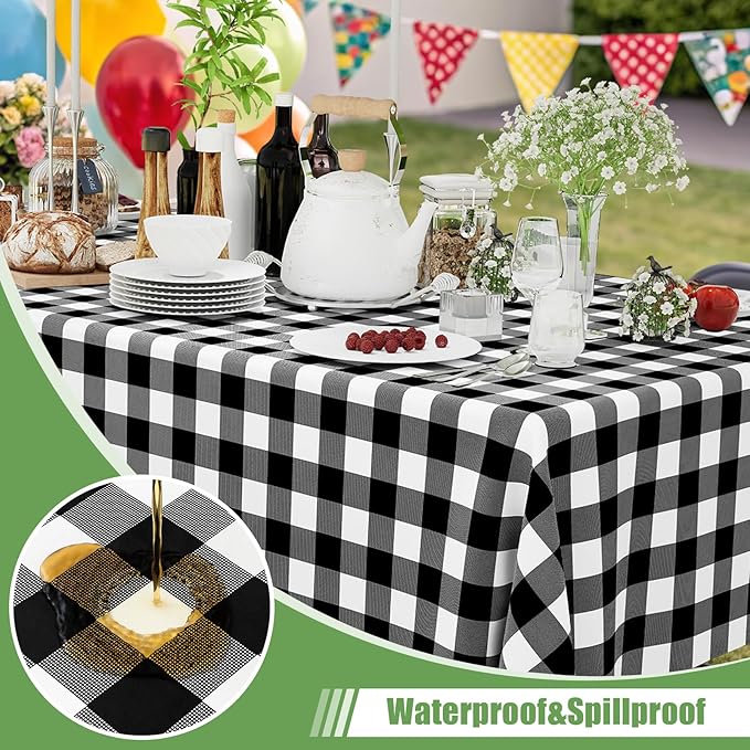 Smiry 3 Pack Black Gingham Disposable Tablecloths - 54" x 108" Heavy Duty Plastic Table Cloth, Waterproof Buffalo Plaid Table Covers for Picnic, Banquets, Outdoor Parties