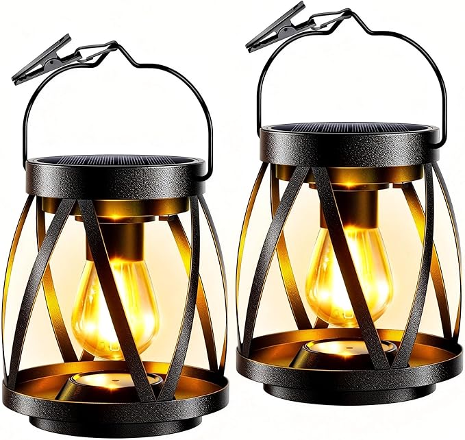 GARPAR Solar Lights Outdoor Waterproof, Upgraded Metal Outdoor Lantern, Brighter Auto On/Off 18H Hanging Solar Lights for Outside Garden Yard Patio Decor, Mother's Day Gift for Mom Grandma 2 Pack
