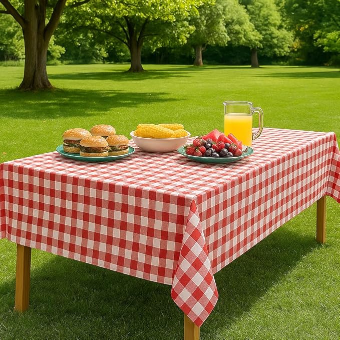 Oojami 4 Pack Disposable Plastic Tablecloths, 54 x 108 Inch Waterproof Red and White Checkered Gingham Buffalo Plaid Table Covers, Rectangle Picnic Tablecloth for Birthday, BBQ, Party, Outdoor Events