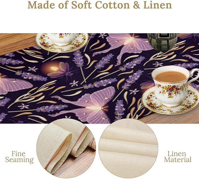 Purple Moth Table Runner,Retro Butterfly Flower Print Table Runner for Wedding Holiday Indoor Outdoor Party Home Decor 13x90in
