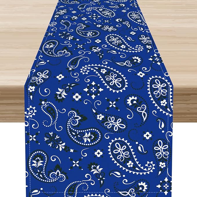 Blue Paisley Table Runner, Vintage Damask Antique Floral Flower Boho Damask Swirled Rustic Coffee Table Center Decor for Family Kitchen and Living Room Outdoor Table Decorations, 13"x90"