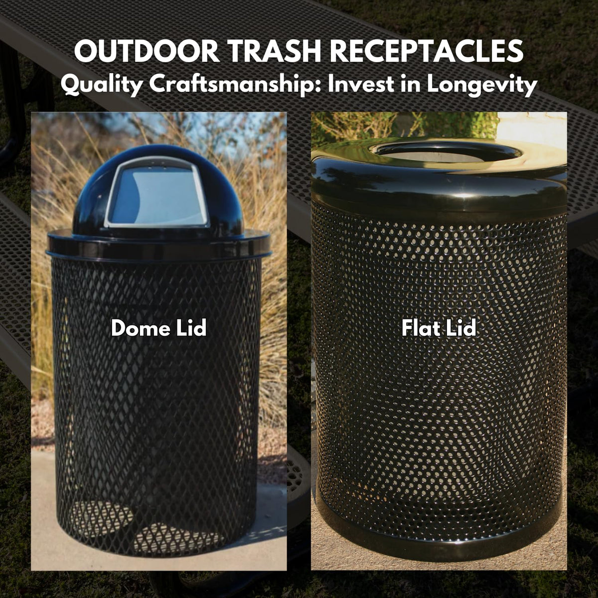 COATEDOUTDOORFURNITURE RFT-DGRN Heavy Duty 32 Gallon Round Trash Receptacle, Liner Included, Dark Green with Flat Top Lid, Made in America