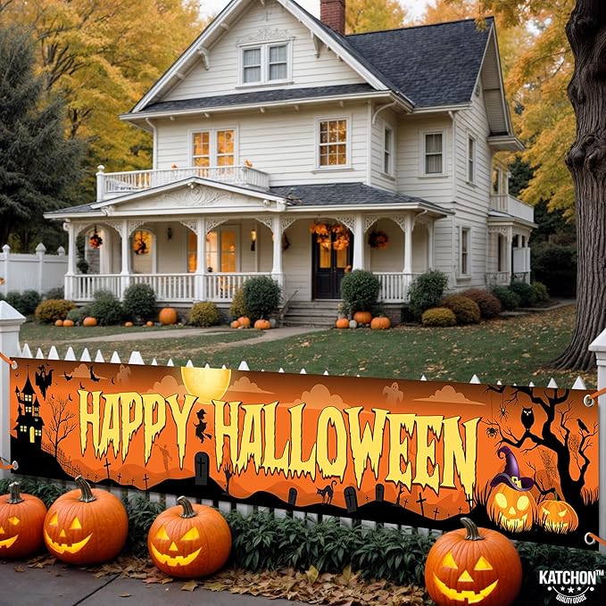 Katchon, Happy Halloween Banners For Outside-120x20 Inch Orange And Black Yard Sign | Halloween Decorations Outdoor Banner | Summerween Party Decorations | Happy halloween Banner