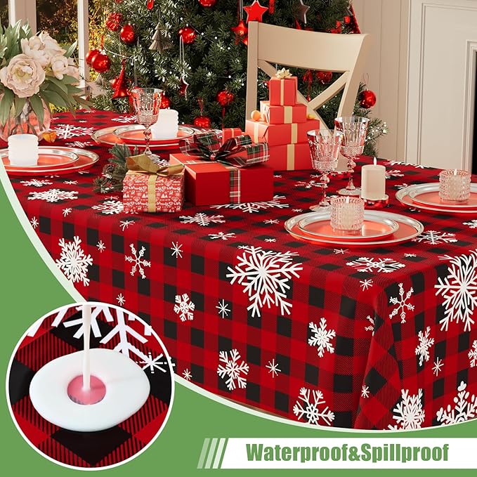 Smiry 10 Pack Gingham Disposable Table Cloth, 54 x 108 Inch Waterproof Plastic Tablecloth, Rectangle Red Checkered Snowflake Table Covers for Christmas, Birthday, Party, Banquet